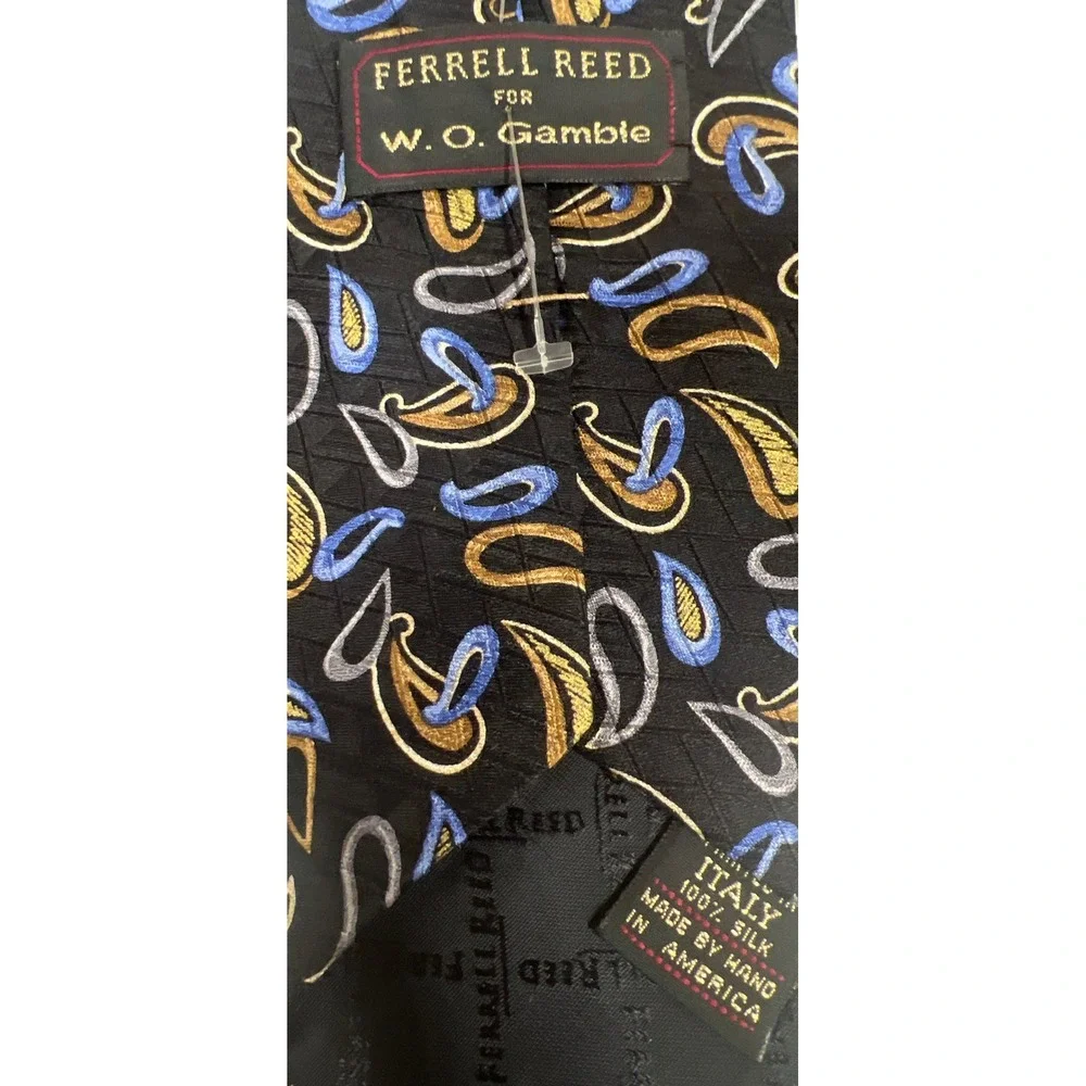 Ferrell Reed Tie Mens OS Black Gold Blue Paisley Silk W.O. Gamble Hand Made USA